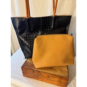 Unbranded Tote Bag Womens Large Black Cognac Excellent Ostrich Croc Emboss Pouch